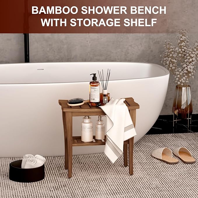 Bamboo Shower Bench Stool with Storage Shelf, Waterproof Shower Chair Spa Bath Seat, Shower Stool for Inside, Bathroom Bench Seat for Adults Elderly Seniors for Indoor or Outdoor Use(Walnut)