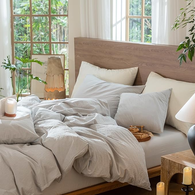 MooMee Wavy Striped Duvet Cover Set 100% Washed Cotton Linen Like Textured Breathable Durable Soft Comfy (Light Grey, King 104"x90")