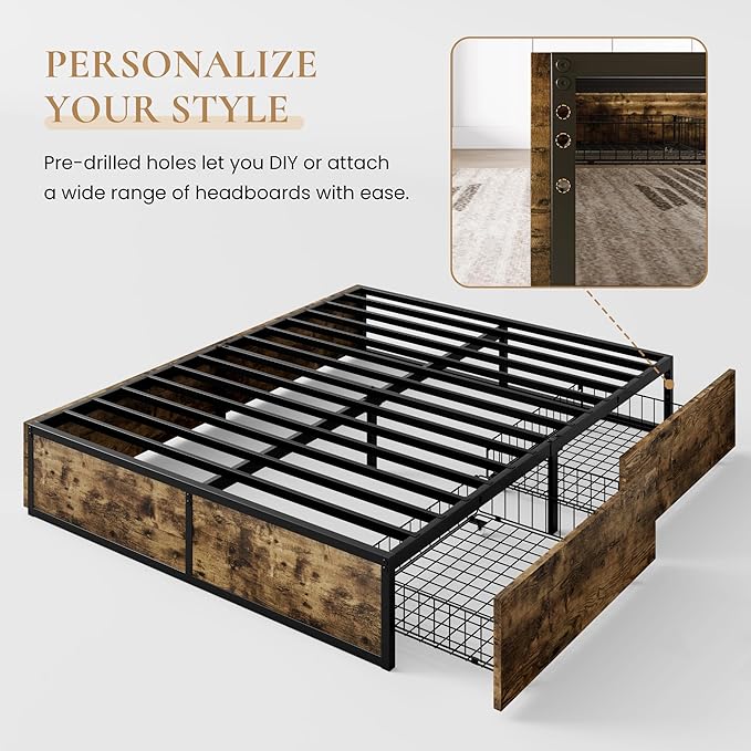 SHA CERLIN Full Platform Bed Frame with 2 Large Storage Drawers, Rustic Wood and Metal, Noise-Free, Easy Assembly, No Box Spring Needed, Brown
