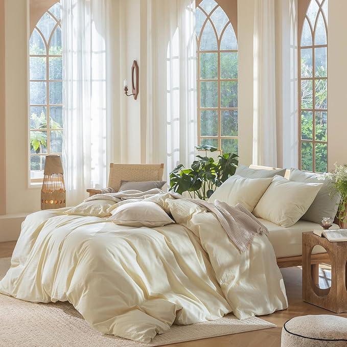 MooMee Bedding Duvet Cover Set 100% Washed Cotton Linen Like Textured Breathable Durable Soft Comfy (Solid Cream, Palatial King/Oversized King 120"x90")