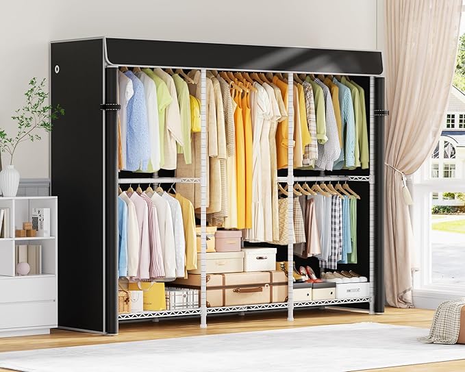 ULIFHOME E14C Pro Heavy Duty Closet Organizer System，Freestanding Clothing Racks for Hanging Clothes，Adjustable Garment Rack 70.1"W × 16.6"D × 76.4"H Hold 960 lbs，White Rack with Black Dustproof Cover