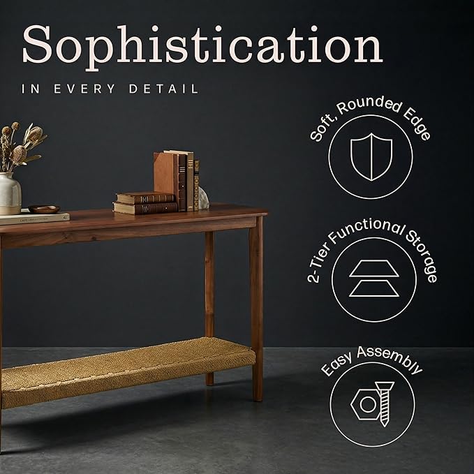 Alaterre Furniture Calais 48 Inch Solid Wood Entryway Table with Woven Storage Shelf – Mid Century Modern 2-Tier Sofa Table for Living Room, Hallway, or Foyer (Chestnut)