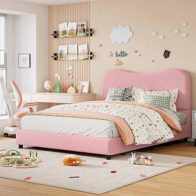 GarveeHome Boucle Full Size Bed Frame with Upholstered Headboard, Soft Low Profile Sturdy Platform Bed with Rounded Corners Design, Heavy Duty, Wooden Slats, Noise Free, No Box Spring Needed, Pink