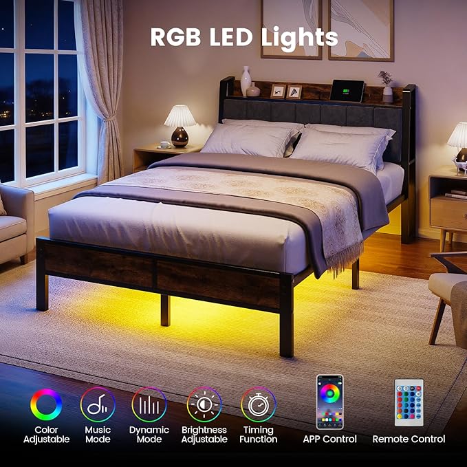 Liians Full Size Bed Frame with Smart LED Light, Wood Storage Charging Station Headboard, Metal Platform Bed, No Box Spring Required, Easy Assembly, Noise Free