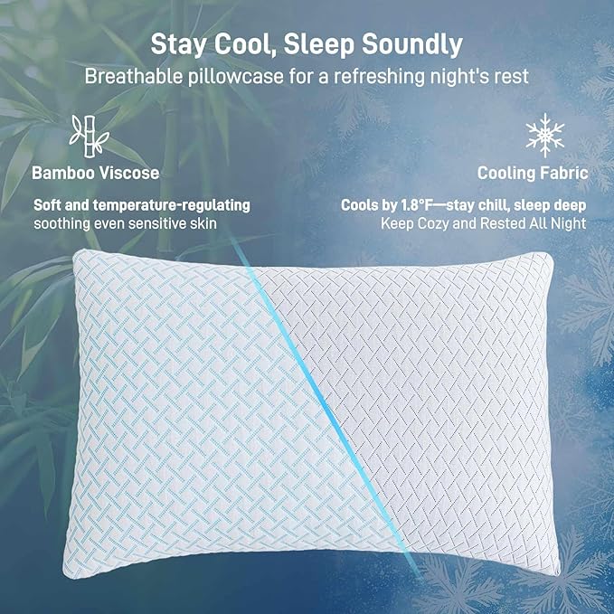 Alkyonos Shredded Memory Foam Cooling Medium Soft Viscose Derived from Bamboo Pillow Queen Size, Adjustable Hypoallergenic Hotel Quality Pillow for Back, Stomach and Side Sleeper, Oeko-TEX Certified