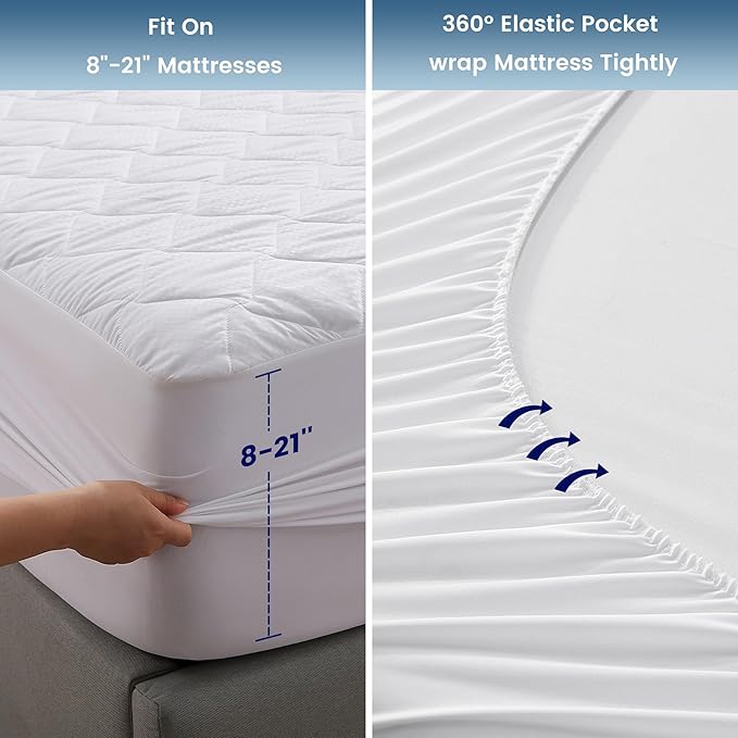 SLEEP ZONE Waterproof Mattress Protector Pad Queen Machine Washable, Breathable Mattress Topper with Deep Pockets, All-Season Use, Hotel Quality (Queen, White)