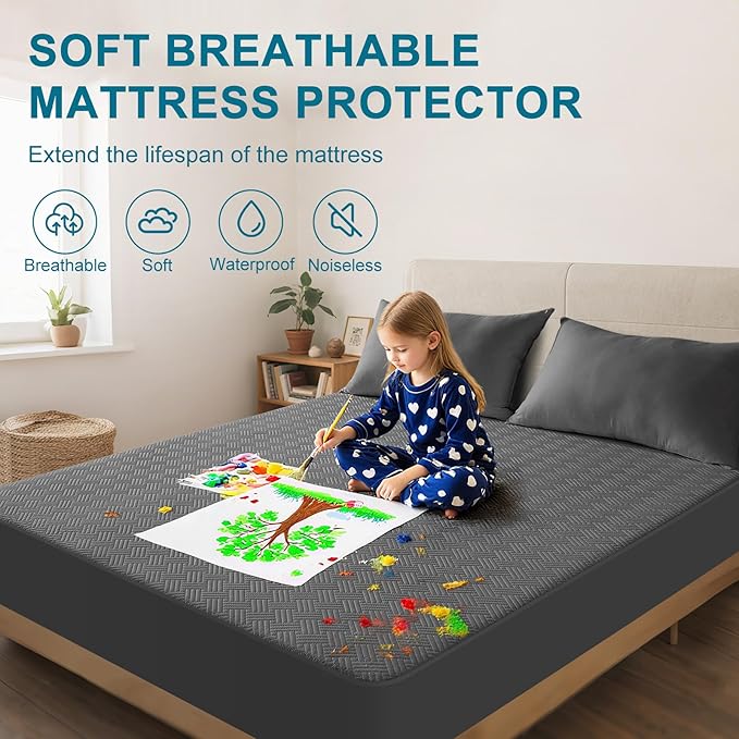 GOPOONY Waterproof Mattress Protector Twin XL Size - Breathable, Noiseless, Ultra-Soft Bed Cover, Mattress Pad Cover with Deep Stretchable Pockets 8"-21" (Gray)