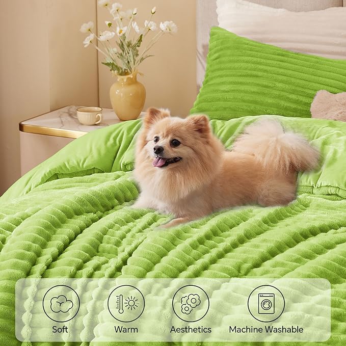 BEDELITE Fleece Queen Comforter Set -Super Soft & Warm Fluffy Dark Citron Bedding, Luxury Fuzzy Heavy Bed Set for Winter with 2 Pillow Cases