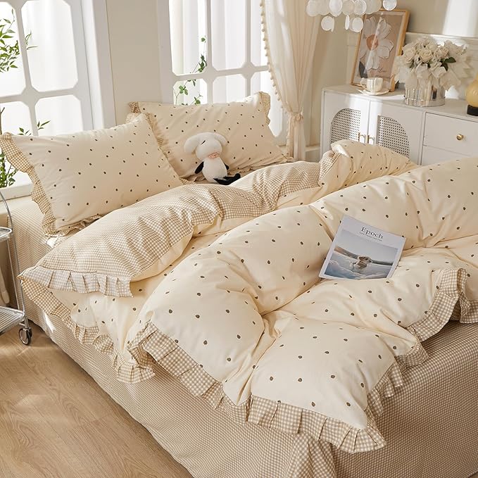 mixinni Floral Duvet Cover Set Twin Size – 100% Cotton 3-Piece Bedding Set with Ruffled Trim, Reversible Vintage Beige Gingham & Strawberry Print, Soft Aesthetic Duvet Cover with Zipper Closure