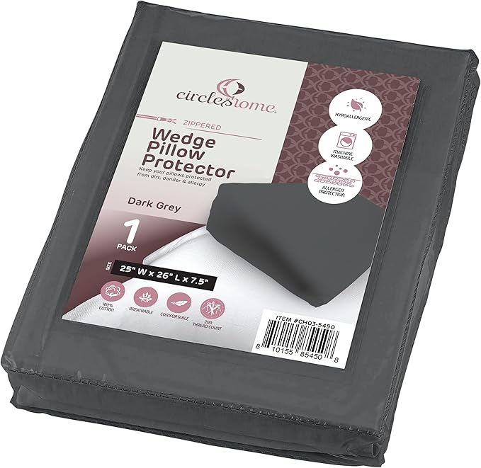 CirclesHome Wedge Pillow Cover 100% Cotton, Zippered Wedge Pillow Case Protector, Soft, Hypoallergenic & Breathable -Dark Grey, (25Wx26Lx7.5)