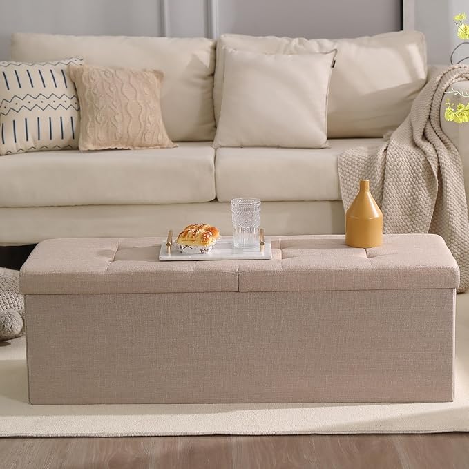 45.3 Inches Storage Ottoman Bench Foldable Seat Footrest Shoe Bench End of Bed Storage with Flipping Lid, 166L Storage Space, Linen Fabric Sandy Beige