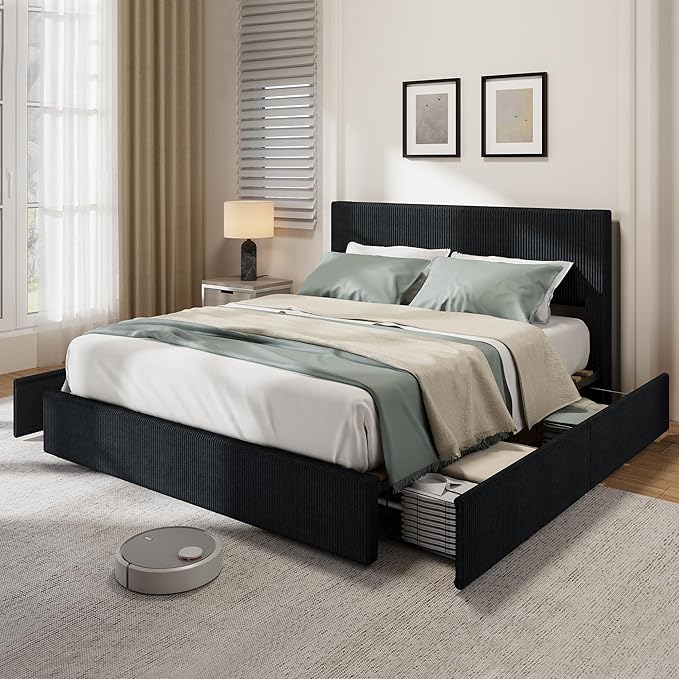 IDEALHOUSE King Size Bed Frame with Tufted Wingback Headboard, Platform Corduroy Upholstered Bed Frame with 4 Storage Drawers and Wooden Slats Support, No Box Spring Needed, Black