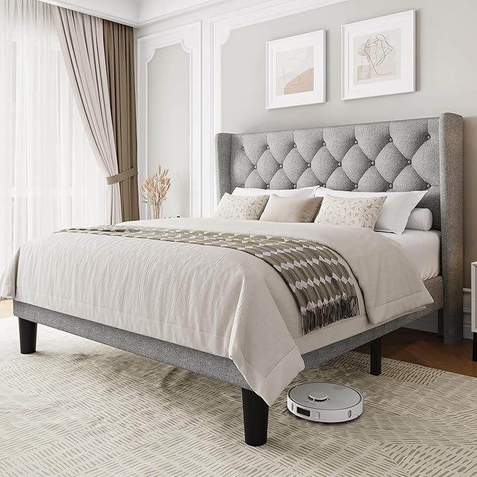 Einhomn Queen Size Platform Bed Frame with Fabric Upholstered Wingback Headboard, 9" Under Bed Space, Wooden & Metal Slats Support, No Box Spring Needed, Light Gray