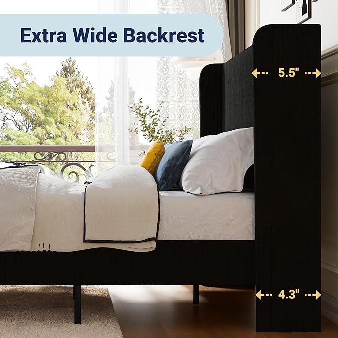 Allewie Queen Size Bed Frame with Upholstered Wingback Headboard, Vertical Channel Tufted Corduroy Velvet Platform Bed, Strong Wooden Slats Support, No Box Spring Needed, Easy Assembly, Sturdy, Black