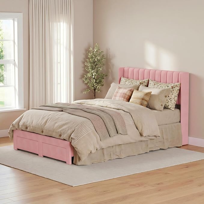 Garvee Full Size Bed Frame, Velvet Upholstered Bed Frame with Wingback Headboard, 2 Storage Drawers, No Box Spring Needed, Pink