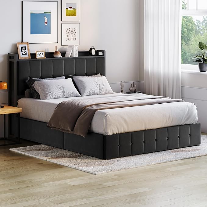 Garvee Queen Size Lift Up Storage Bed, Upholstered Velvet Bed Frame with Storage Headboard, Metal Platform Bed, No Box Spring Needed, Solid Wooden Slats, Noise Free, Black