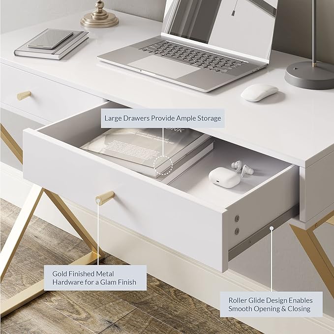 BELLEZE Modern 42 Inch Makeup Vanity Dressing Table or Home Office Computer Laptop Writing Desk with Two Storage Drawers, Wood Top, and Gold Metal Frame - Ellena (White)