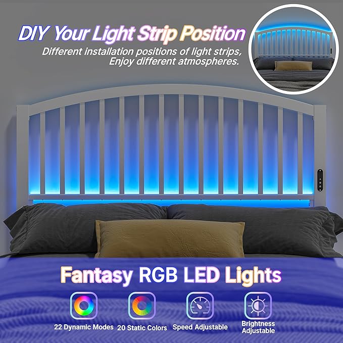 Weehom Queen Headboard with Led Lights, Farmhouse Vintage Style Metal Headboard Queen Size, Modern Freestanding White Headboard Only for Bedroom