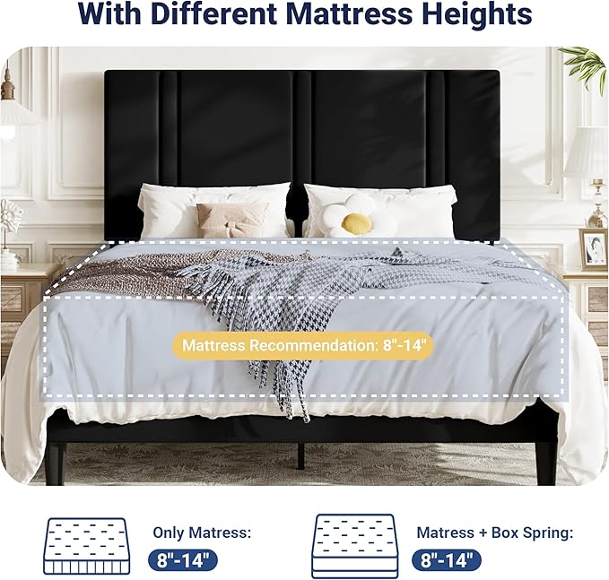 Allewie Full Size Platform Bed Frame with Adjustable Headboard, Plush Velvet Upholstered, Vertical Channel Tufted, Sturdy Wooden Slats, No Box Spring Needed, Easy Assembly, Black