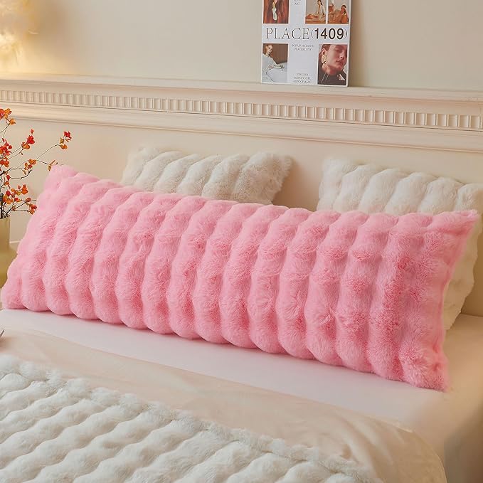 LIFEREVO Fluffy Faux Rabbit Fur Body Pillow Cover, Soft Cute Bubble Waffle Shaggy Plush Bed Body Pillowcase with Zipper Closure, Long 20"x54" Fuzzy Furry Pillow Case for Pregnancy Side Sleeper, Pink
