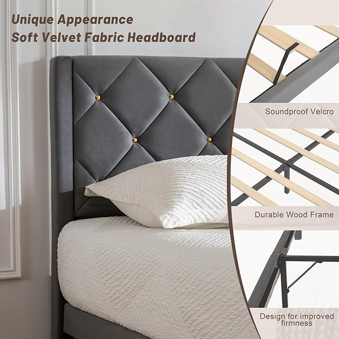 Queen Bed Frame with Headboard, Bed Frame Queen Size with Sturdy Wooden Slats Support, Platform Frame with Velvet Upholstered Headboard, Mattress Foundation, Easy Assembly, No Box Spring Needed Grey