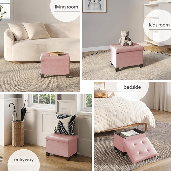 Storage Ottoman Cube with Small Bin, 16-in Square Ottoman with Storage for Living Room and Bedroom, Small Ottomans Foot Rest, Leather Foot Stools Ottomans Max 330lbs, Pink