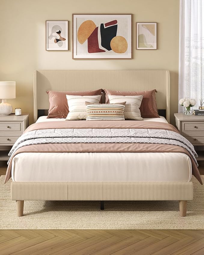 Bestier Queen Bed Frame with Wingback Headboard,Upholstered Platform Queen Size Bed with Strong Wooden Slats,No Box Spring Needed,Never Squeaks,Easy Assembly,Taupe