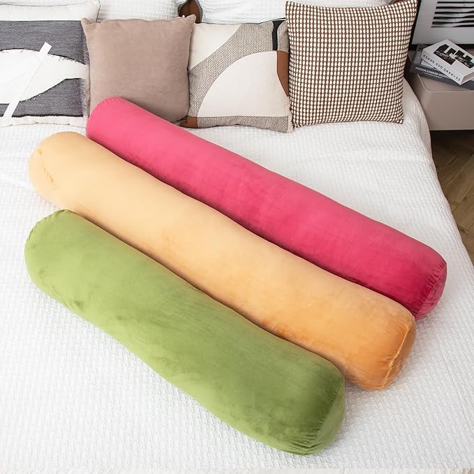 1 MIDDLE ONE Bolster Pillow for Bed, Long Round Body Pillow for Adults with Removable Velvet Cover, Decorative Tube Roll Cylinder Pillow, 35 x 7.87 Inch, Green