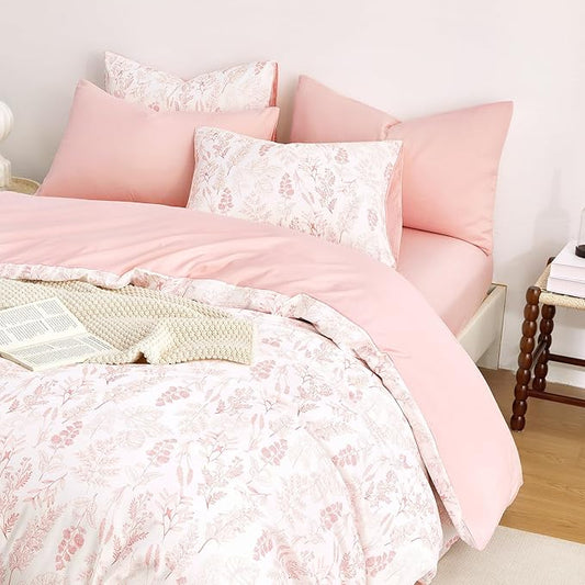 Wake In Cloud - Floral Duvet Cover Set, Botanical Vintage Flower Coquette Cottagecore Aesthetic for Women Teen Girls, Soft Lightweight Bedding, 3-Piece, Blush Pink, Full Size