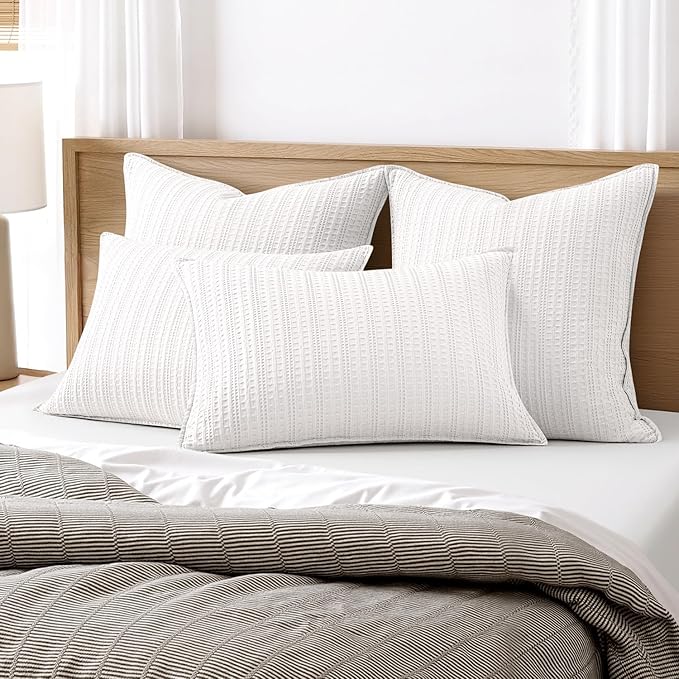 100% Cotton Waffle Pillow Shams King Size, 2 Pack 20x36 Decorative Pillow Covers for Bed Couch Sofa, Neutral Weave Cushion Cases Modern Farmhouse Home Decor, White