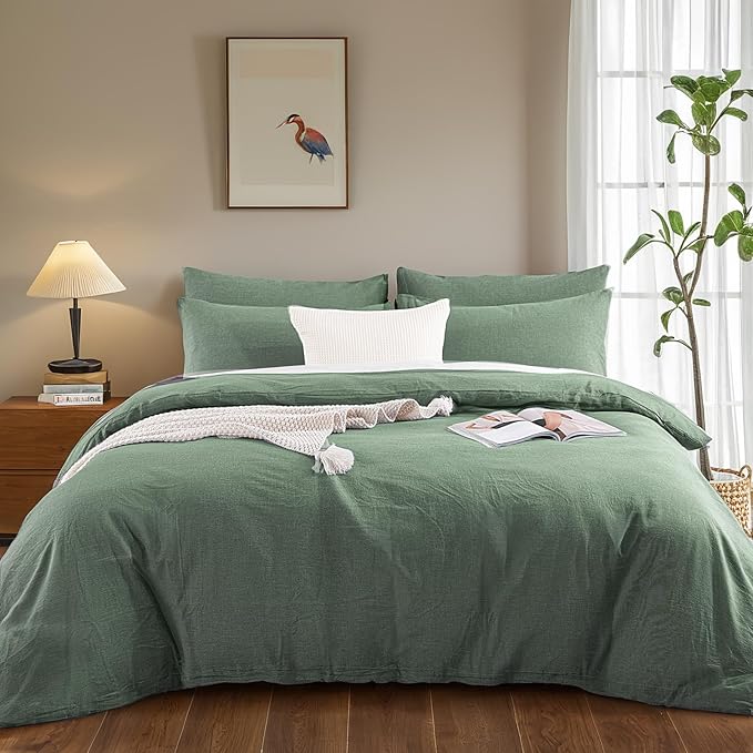 NEXHOME PRO Duvet Cover Queen 100% Washed Cotton, Organic Natural Linen Like Textured, Breathable, Durable, Home Bedding Set, Heathered Green 10490