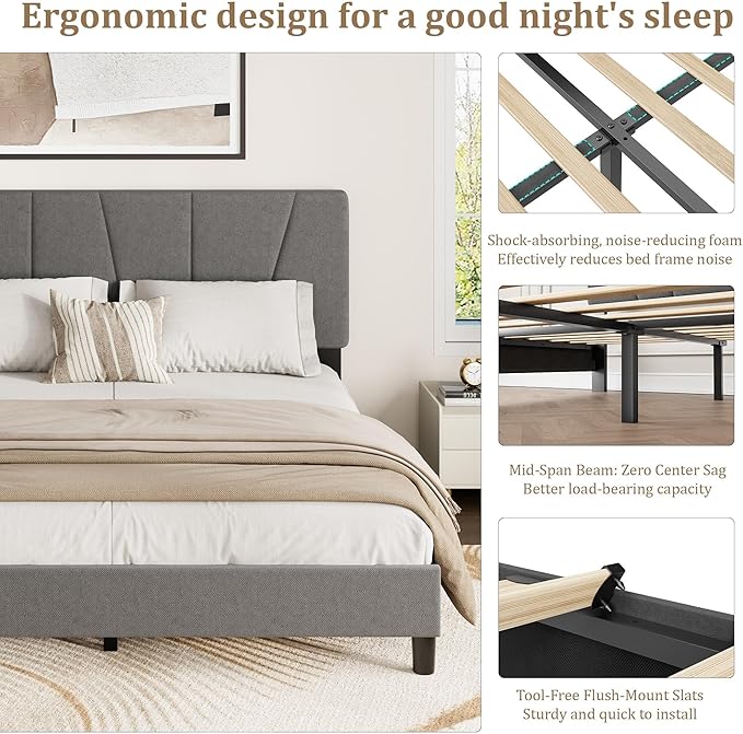 IDEALHOUSE Queen Size Upholstered Bed Frame with Headboard, Heavy Duty Platform Bed Frame, Adjustable Headboard, Noise-Free, No Box Spring Needed, Easy Assembly
