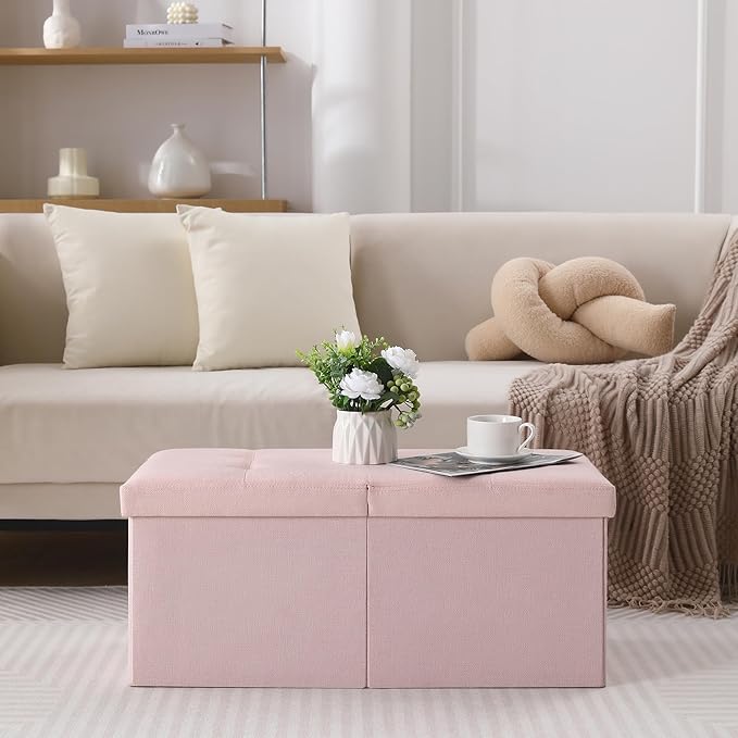 Storage Ottoman Bench Foldable Seat Footrest Shoe Bench End of Bed Storage with Flipping Lid, 75L Storage Space, 30 inches Linen Fabric Pink, OT026PK