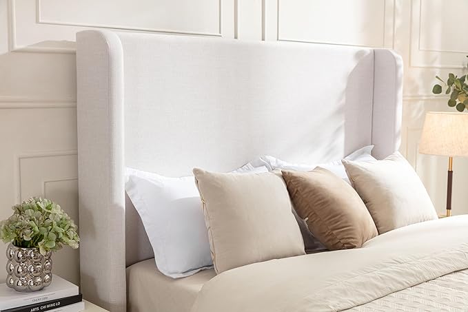 GDFStudio Tall Headboard Upholstered Bed,King Size Platform Bed Frame with Headboard Wingback,54" High No Box Spring Needed Easy Assembly Elegant Simplicity Textured Ivory Canvas