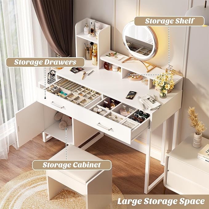 Besiost Vanity Desk, Small Vanity Desk with Power Outlet, Makeup Desk with Drawers and Cabinets, Vanity Set with Storage Shelves for Bedroom, No Mirror, White