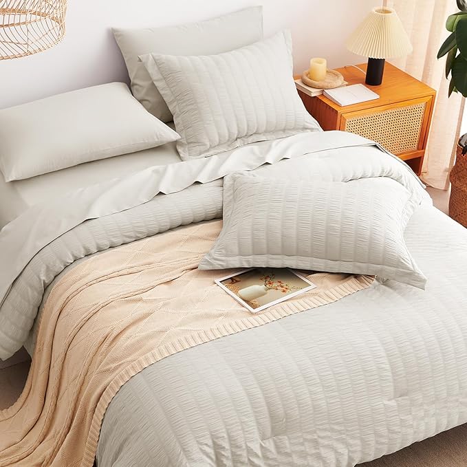 CozyLux King Size Comforter Set Beige Seersucker 7 Pieces Bed in a Bag King Comforter Set with Sheets, Luxury Soft Bedding Set with Down Alternative Comforter, Sheets, Pillowcases & Shams All Seasons