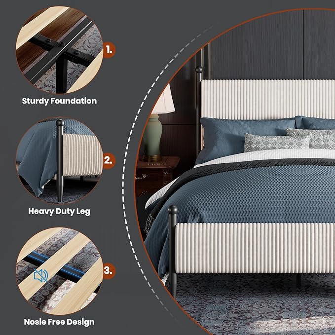 Garvee Full Size Upholstered Bed Frame - with Velvet Headboard, Soft Corduroy Fabric Platform with Wooden Slats Support & Heavy Duty Feet, No Box Spring Needed, Noise Free, Easy Assembly, White