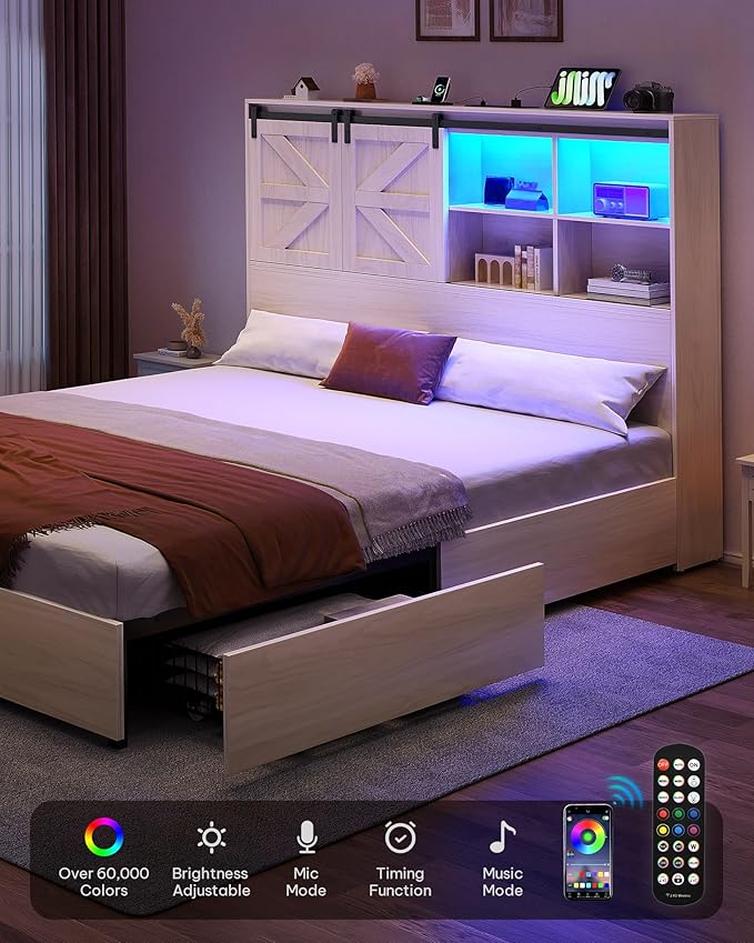 YITAHOME Farmhouse Queen Size Bed with Storage Bookcase Headboard, Sliding Barn Door, 4 Storage Drawers, RGB LED Bed Frame with USB Charging Station, No Box Spring Needed, Antique White