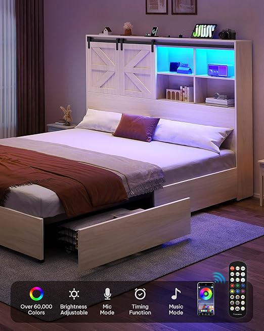 DWVO Farmhouse Queen Size Bed Frame with Storage Bookcase Headboard, Sliding Barn Door, 4 Storage Drawers, RGB LED Bed Frame with USB Charging Station, No Box Spring Needed, Antique White