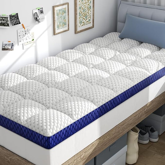 BEDELITE Twin XL Mattress Topper 3 Inch Thick Mattress Pad, Plush Pillow Top Bed Cover with Elastic Deep Pockets Up to 6-24 Inch for Pressure Relief, Shredded Memory Foam Filling