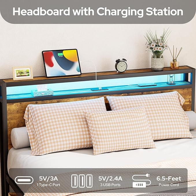 Zevemomo Full Bed Frame with Drawers, Bed Frame Full with LED Lights, Charging Station with 3 USB Ports & 1 Type-C Port, Full Platform Bed Frame with Headboard, No Noise, Rustic Brown