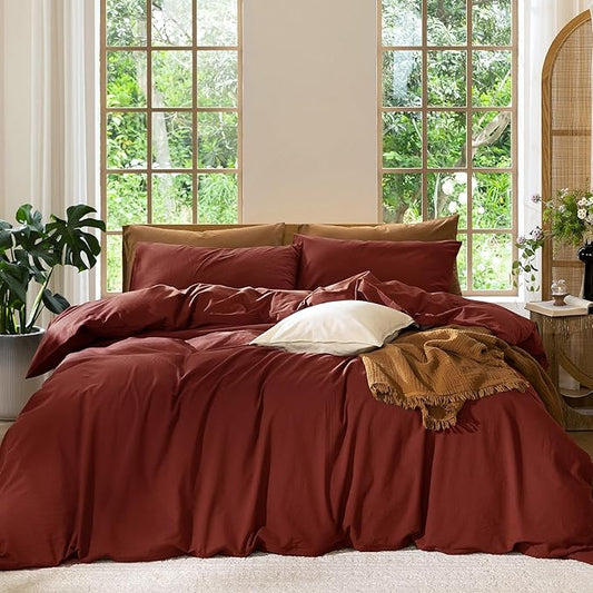 MooMee Bedding Duvet Cover Set 100% Washed Cotton Linen Like Textured Breathable Durable Soft Comfy (Solid Fired Brick Red, King 104"x90")