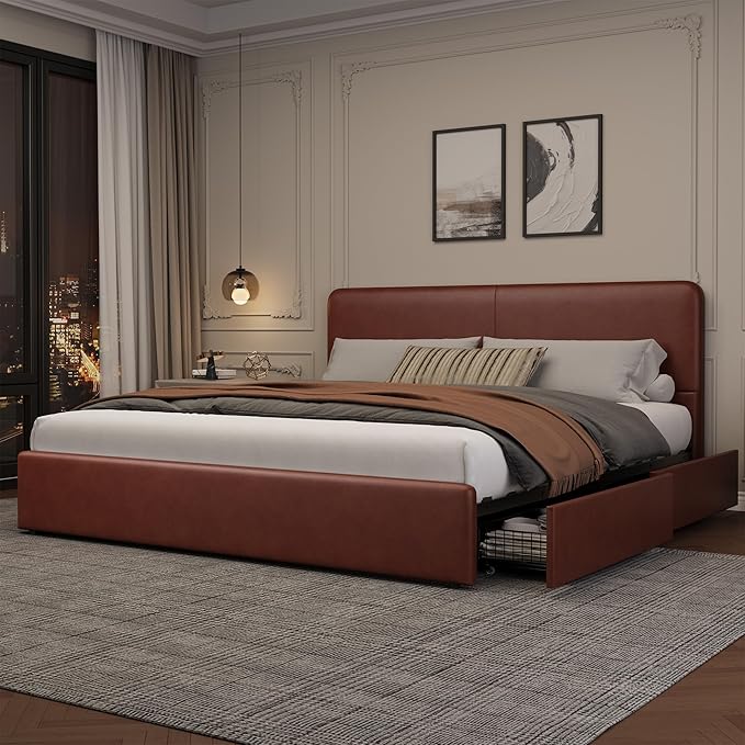 GarveeHome Modern Upholstered Platform Bed Frame with Headboard and Storage Drawers – PU Brown Faux Leather, Sturdy Wood Slats, Noise-Free, No Box Spring Needed, Easy Assembly – King Size, PU Brown