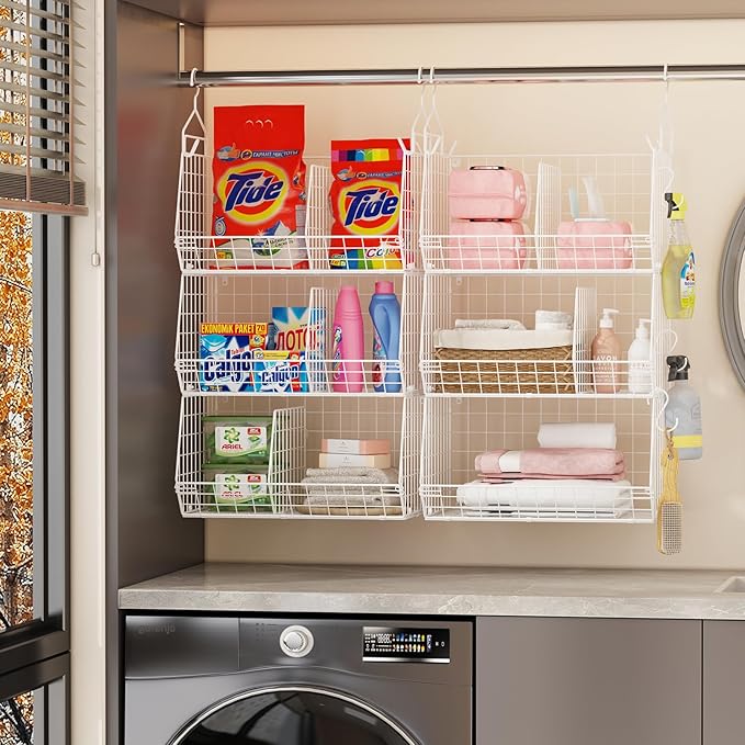 4 Tier Extra Large Hanging Closet Organizer ,Closet Organizer Hanging with 5 S Hooks 4 Dividers,Clothes Organizer Clothing Sweaters Clutches Handbags Hats Accessories-White