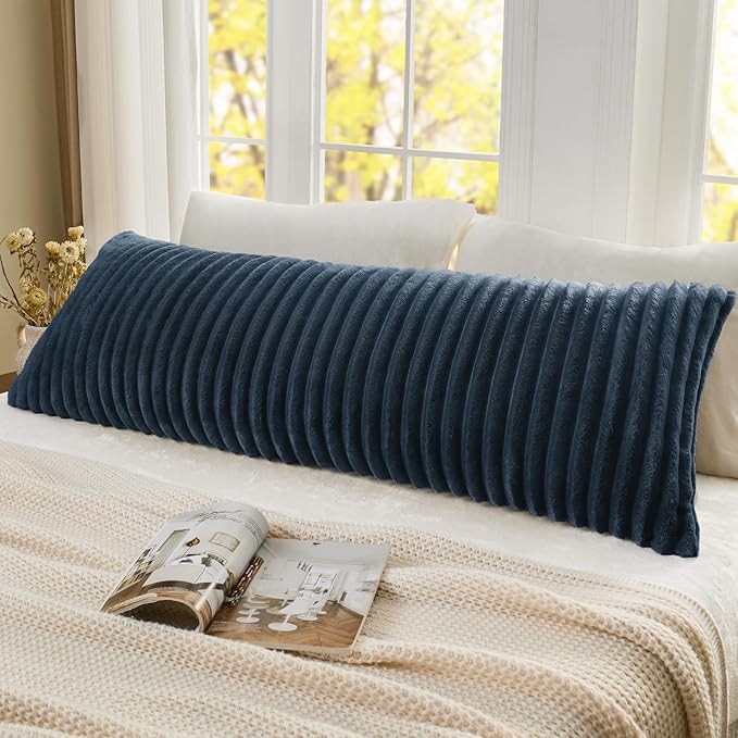 BEDELITE Fluffy Faux Fur Body Pillow Cover with Zipper, Luxury Plush 3D Striped Pillow Cover 20x54 Inches, Super Soft and Cozy Long Body Pillow Pillowcase for Bed Sofa Couch Room Decor(Navy Blue)