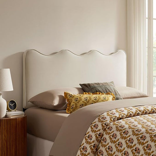 Monday Athena Queen Size Performance Velvet Adjustable Headboard in Alabaster - with Scalloped Wave Design and Stain-Resistant Velvet Upholstery