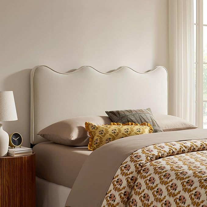 Monday Athena Full Size Performance Velvet Adjustable Headboard in Alabaster - with Scalloped Wave Design and Stain-Resistant Velvet Upholstery