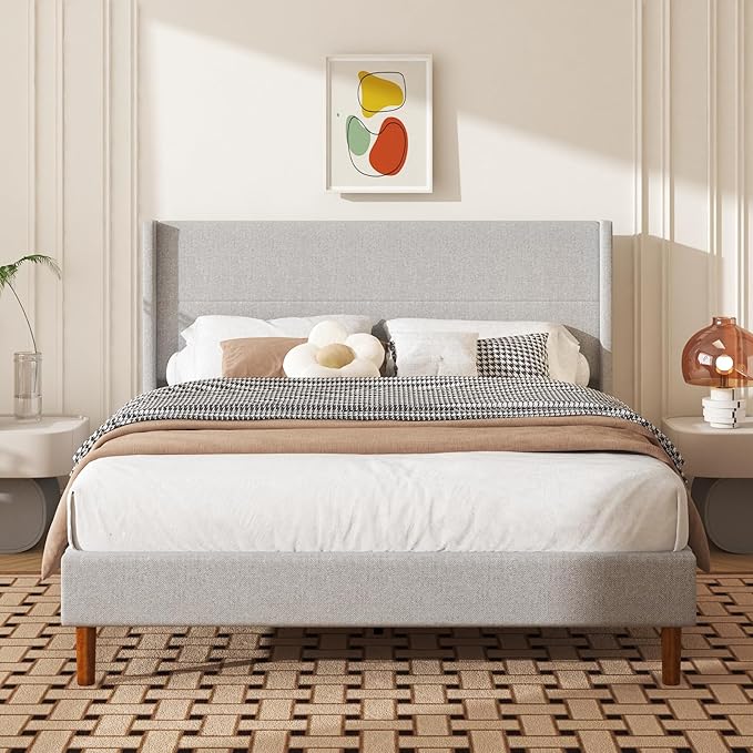 Queen Size Bed Frame, Linen Upholstered Platform with Wingback Headboard, Wooden Slats Support, No Box Spring Needed, Easy Assembly, Lightgrey