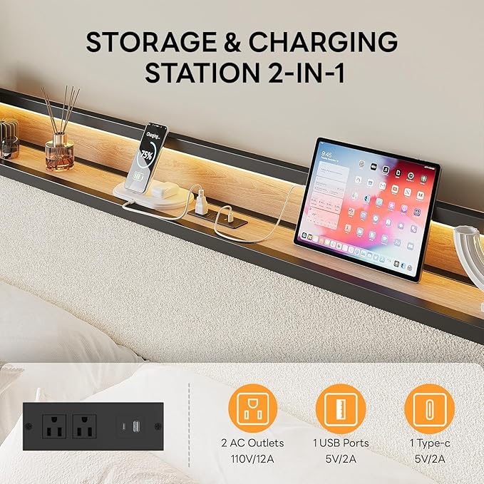 LIKIMIO California King Bed Frame with Storage Headboard and LED Lights, Metal Platform Bed with Charging Station, Noise Free, No Box Spring Needed, Under Bed Storage, Natural and Cream