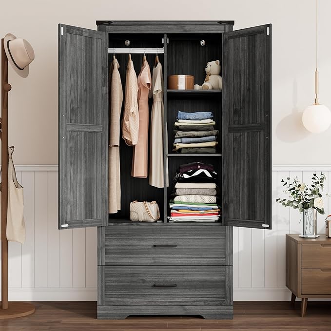 St.Mandyu Farmhouse Wardrobe Armoire Closet with 2 Doors and 2 Drawers, 70.1" Wooden Clothing Storage Cabinet, Freestanding Large Capacity Storage Wardrobe Armoire with Hanging Rod for Bedroom, Grey